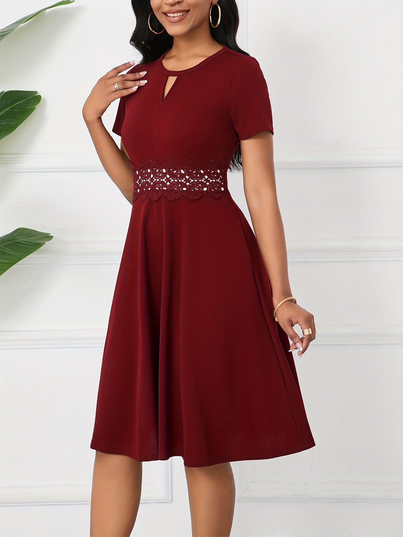 Vintage Chic A-Line Keyhole Contrast Lace Short Sleeve Party Dress - Women's Dresses - Elegant, Flattering, Vintage-Inspired Design, Perfect for Special Occasions and Night Out