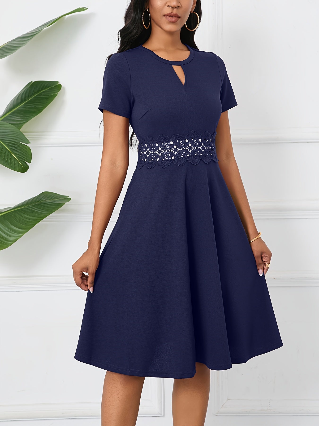 Vintage Chic A-Line Keyhole Contrast Lace Short Sleeve Party Dress - Women's Dresses - Elegant, Flattering, Vintage-Inspired Design, Perfect for Special Occasions and Night Out
