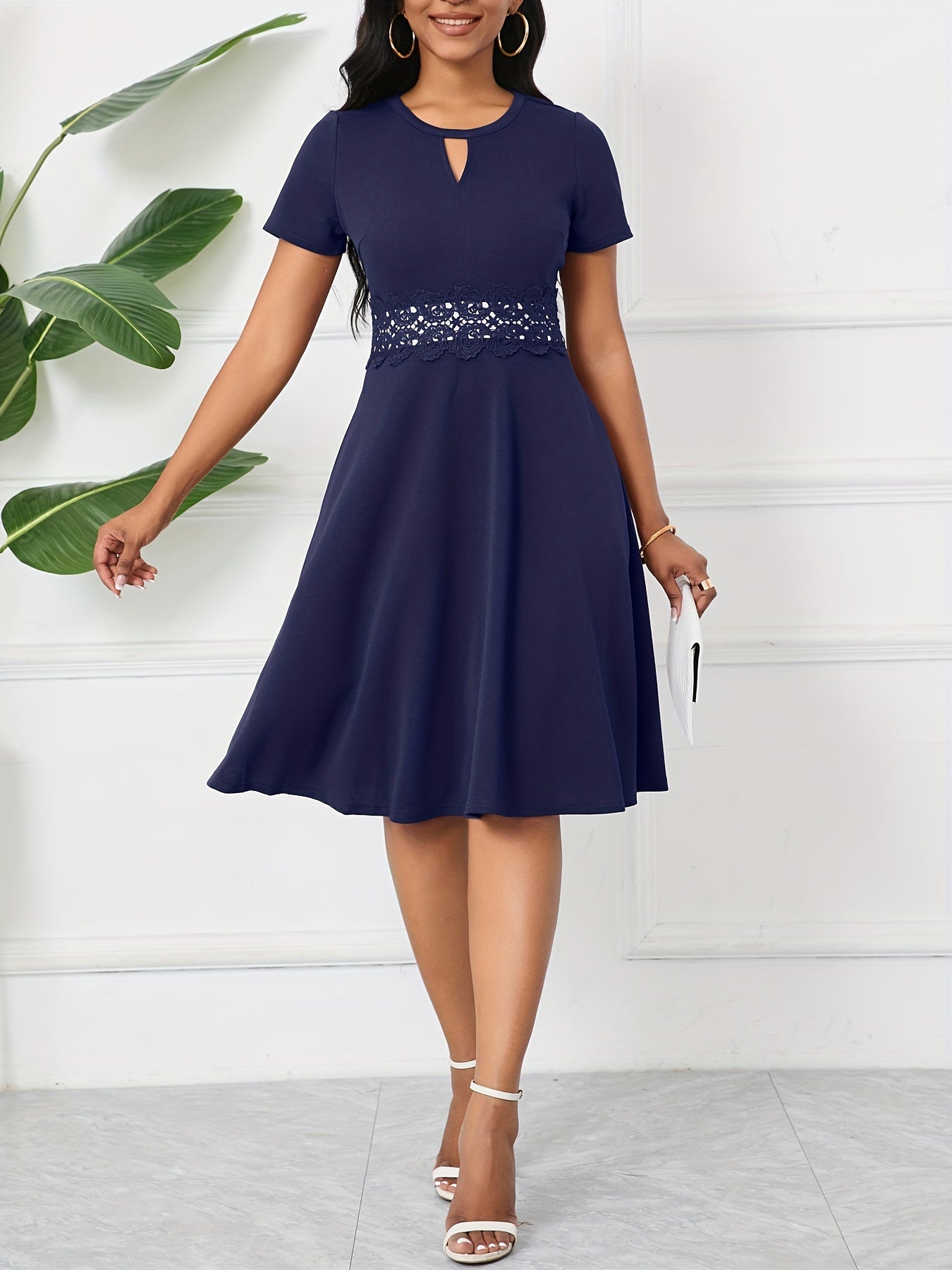 Vintage Chic A-Line Keyhole Contrast Lace Short Sleeve Party Dress - Women's Dresses - Elegant, Flattering, Vintage-Inspired Design, Perfect for Special Occasions and Night Out