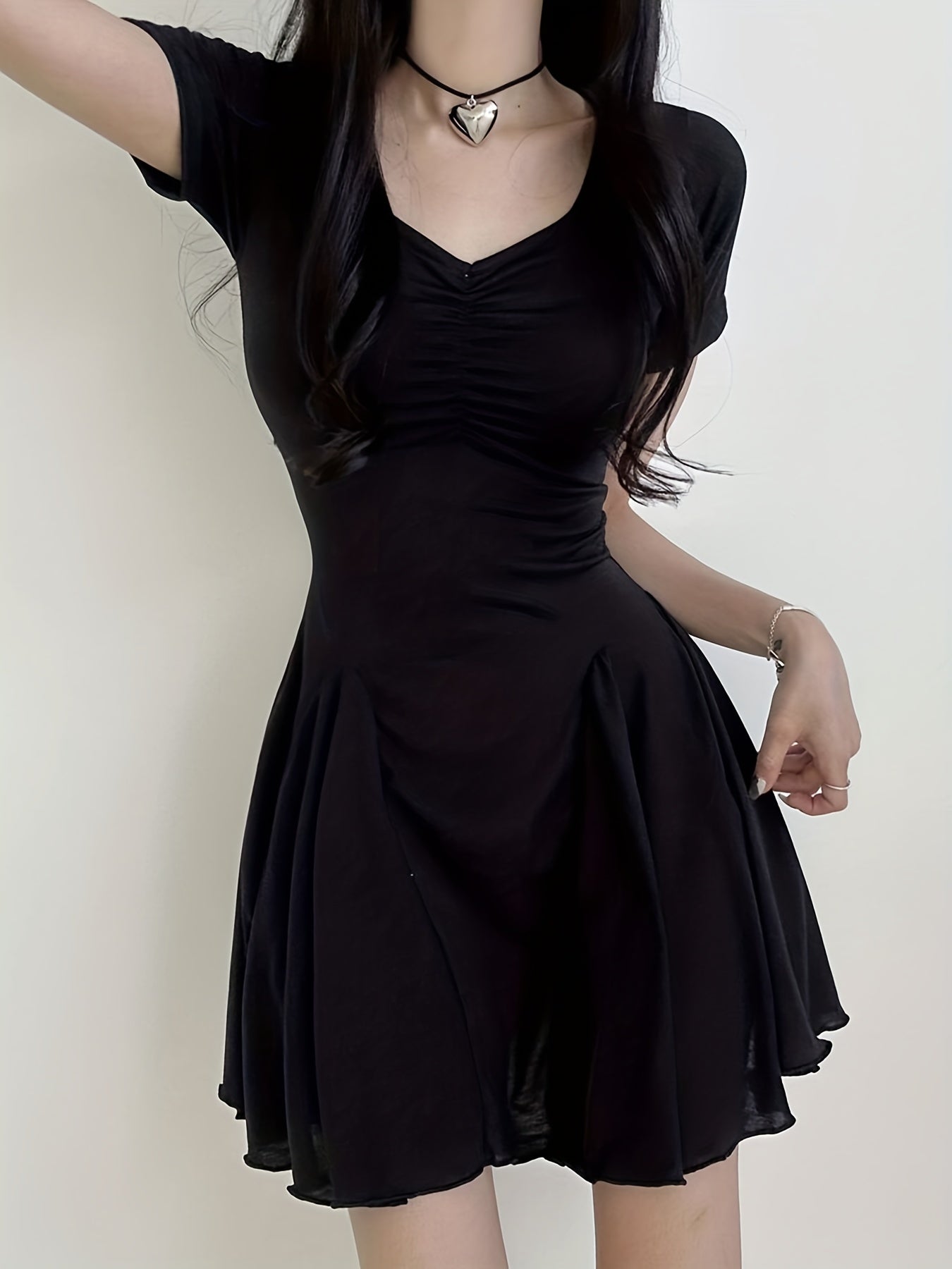 Trendy Ruched A-Line Dress - Women's Casual Summer Dresses with V Neck, Short Sleeves, and Comfy Fit - Perfect for Outdoor Activities and Daily Wear