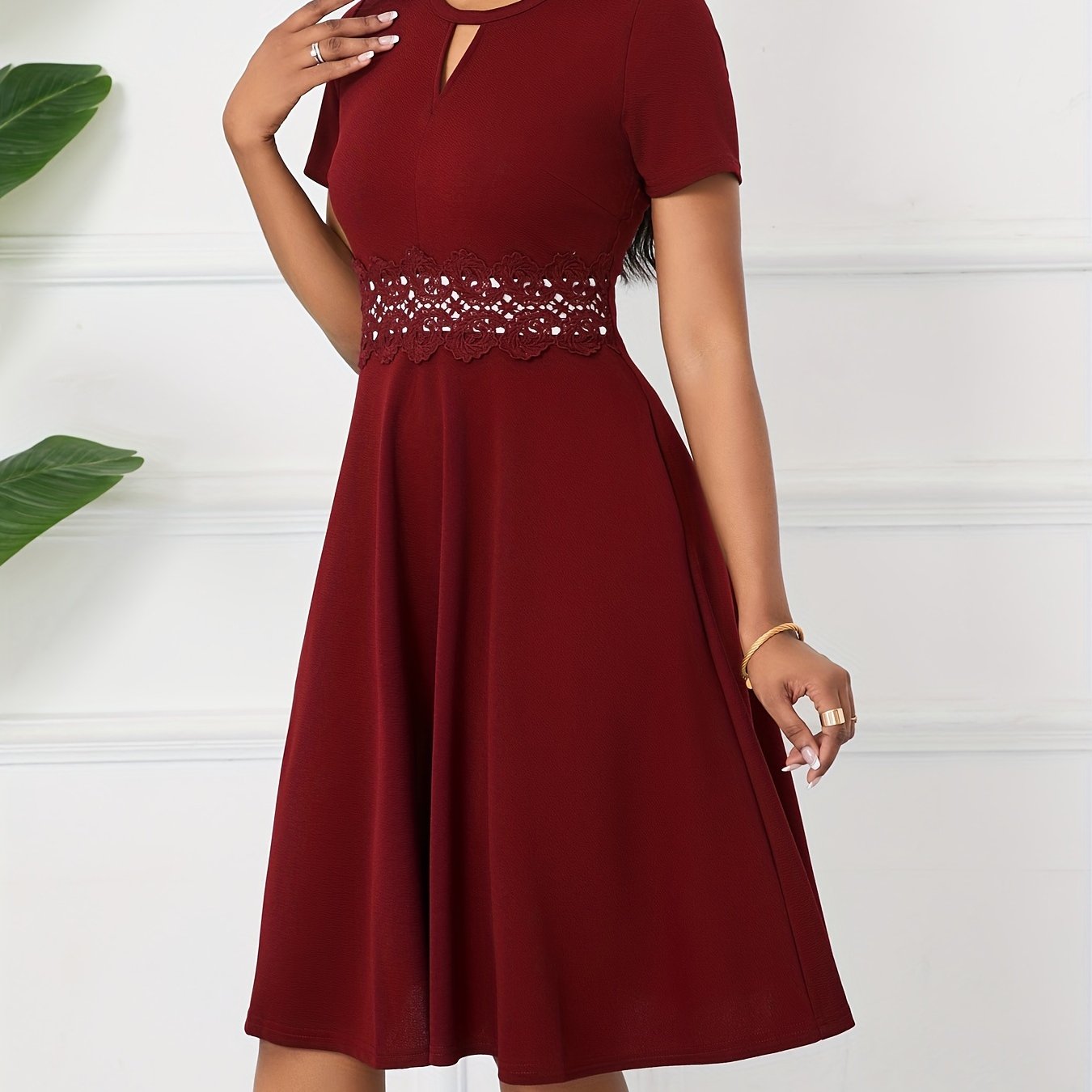 Vintage Chic A-Line Keyhole Contrast Lace Short Sleeve Party Dress - Women's Dresses - Elegant, Flattering, Vintage-Inspired Design, Perfect for Special Occasions and Night Out