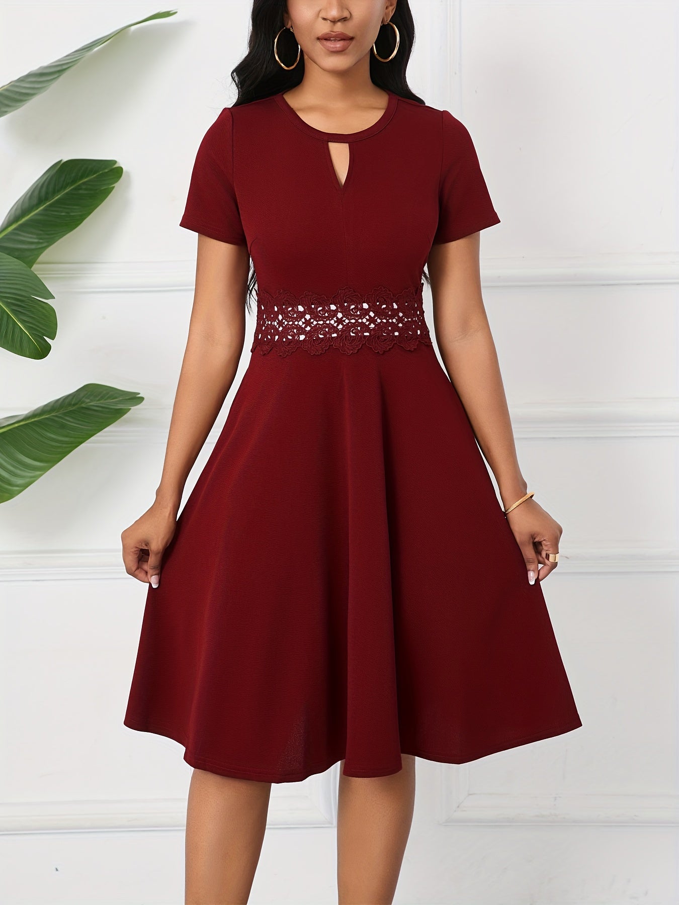 Vintage Chic A-Line Keyhole Contrast Lace Short Sleeve Party Dress - Women's Dresses - Elegant, Flattering, Vintage-Inspired Design, Perfect for Special Occasions and Night Out