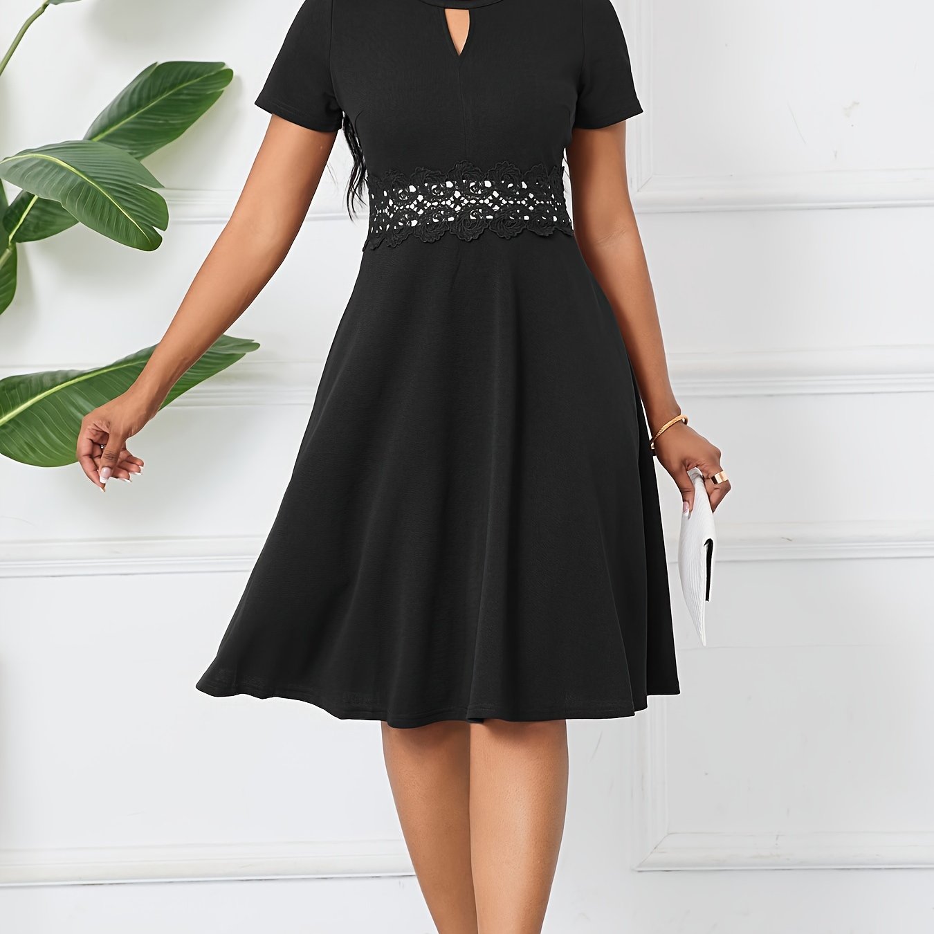 Vintage Chic A-Line Keyhole Contrast Lace Short Sleeve Party Dress - Women's Dresses - Elegant, Flattering, Vintage-Inspired Design, Perfect for Special Occasions and Night Out