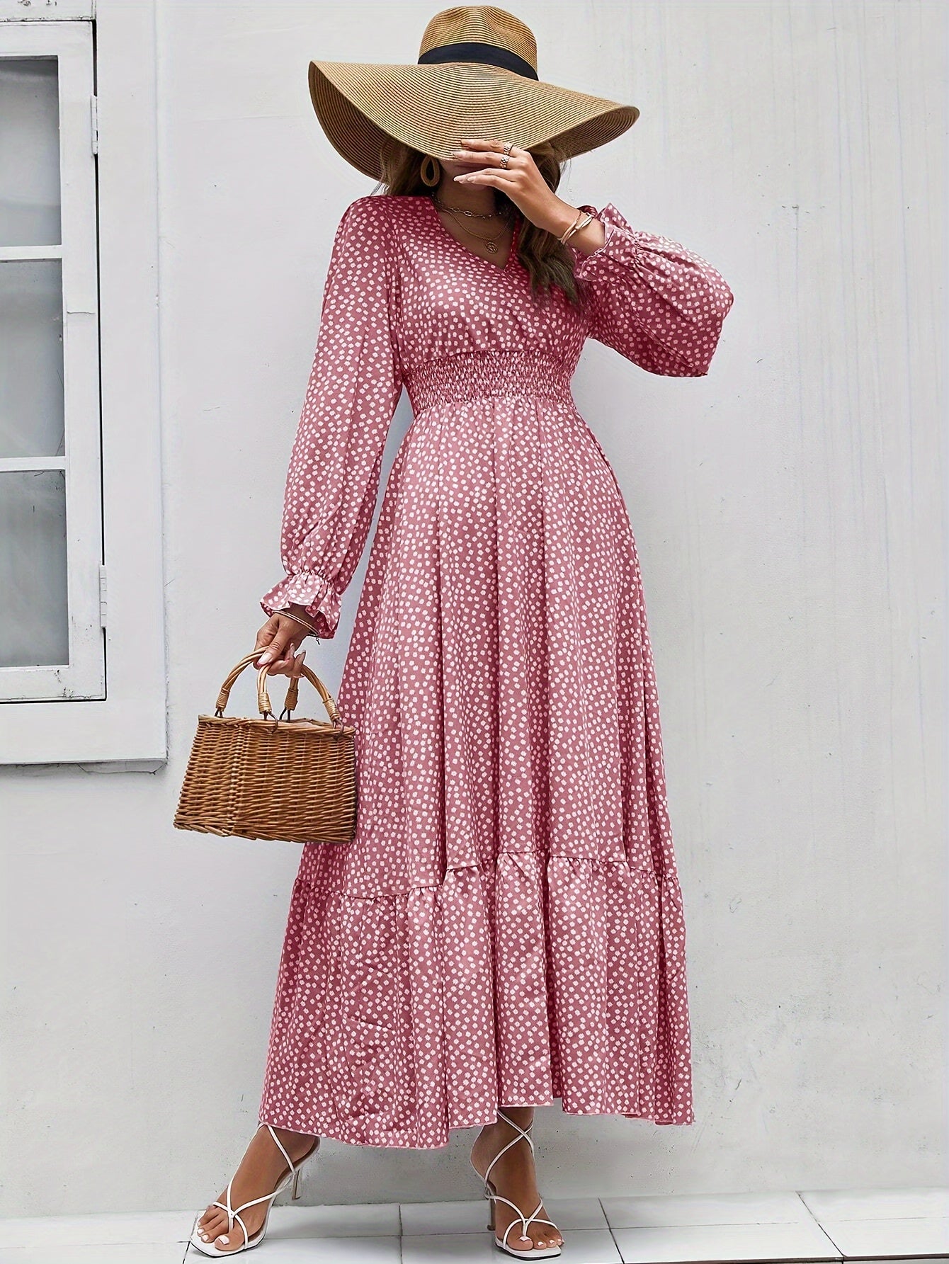 Vibrant Floral Print Surplice Neck Long Sleeve Dress - Elegant Women's Spring & Fall Dresses with Comfortable Fit and Chic Design - Perfect for Casual Occasions and Outdoor Activities