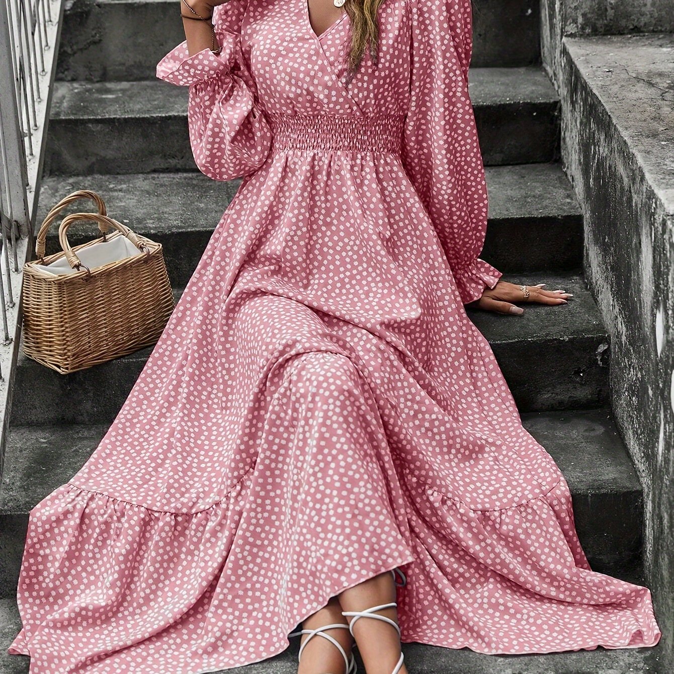 Vibrant Floral Print Surplice Neck Long Sleeve Dress - Elegant Women's Spring & Fall Dresses with Comfortable Fit and Chic Design - Perfect for Casual Occasions and Outdoor Activities