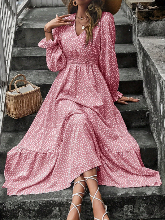 Vibrant Floral Print Surplice Neck Long Sleeve Dress - Elegant Women's Spring & Fall Dresses with Comfortable Fit and Chic Design - Perfect for Casual Occasions and Outdoor Activities
