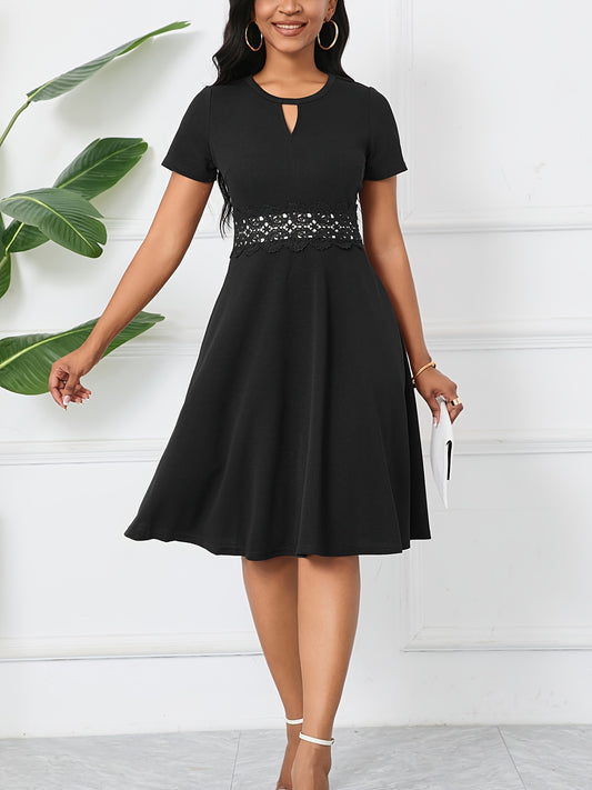 Vintage Chic A-Line Keyhole Contrast Lace Short Sleeve Party Dress - Women's Dresses - Elegant, Flattering, Vintage-Inspired Design, Perfect for Special Occasions and Night Out